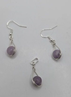 Lepidolite Teardrop Sterling Silver Pendant & Earrings Set