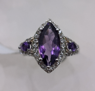 Marquise Amethyst With Topaz Sterling Silver Ring (Size 7)
