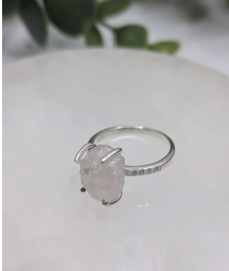 Sterling Silver Raw Rose Quartz With White Topaz Ring